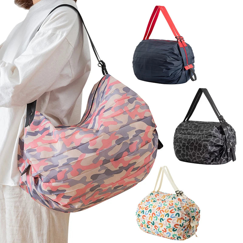 Colorful oxford cloth shopping bags for women in various prints and styles, including camouflage, abstract, and solid designs